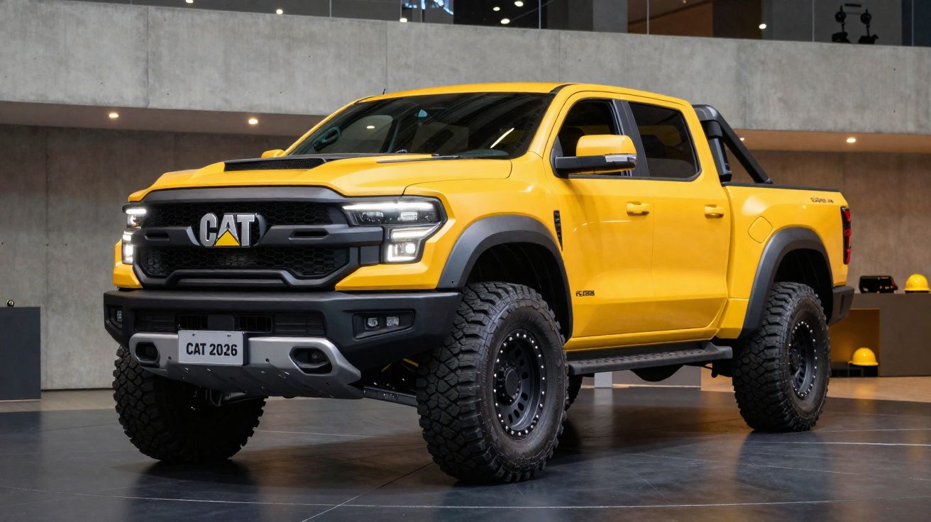 Pick-up amarela CAT 2026 com pneus robustos exposta em ambiente interior moderno.