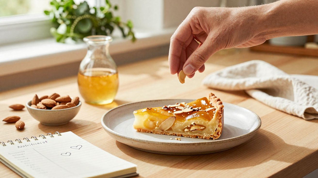 Fatia de tarte com amêndoas, mel e mão a pôr amêndoa, em prato sobre mesa de madeira clara.