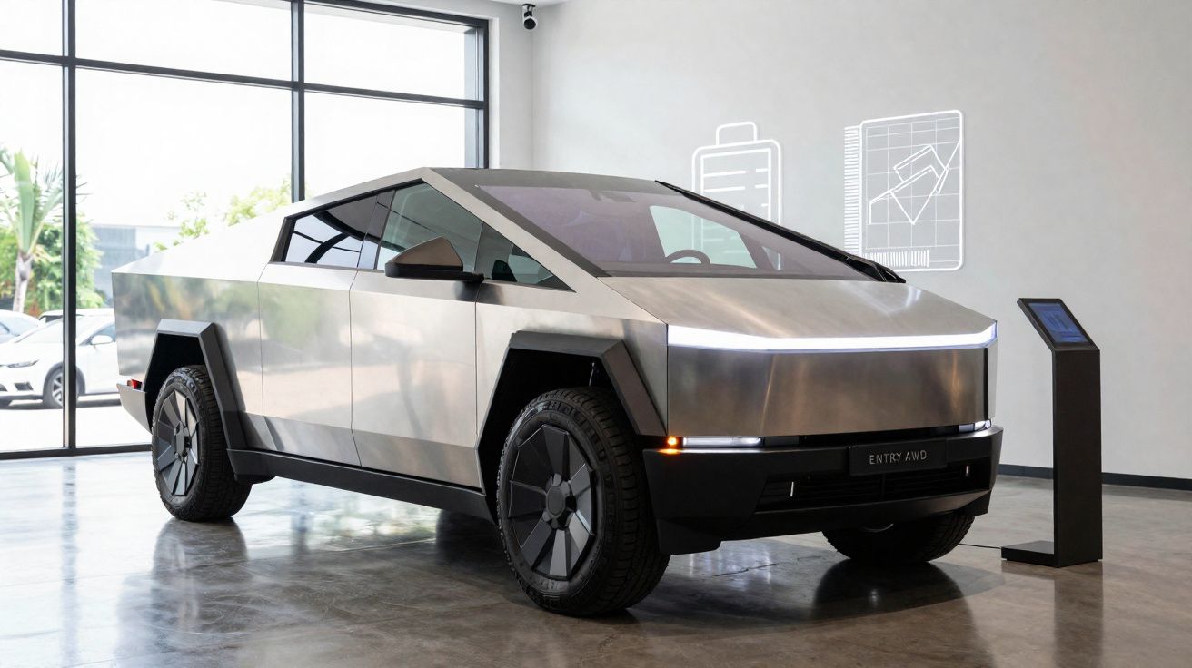 Veículo elétrico futurista prateado estacionado em interior com janelas amplas e chão polido.