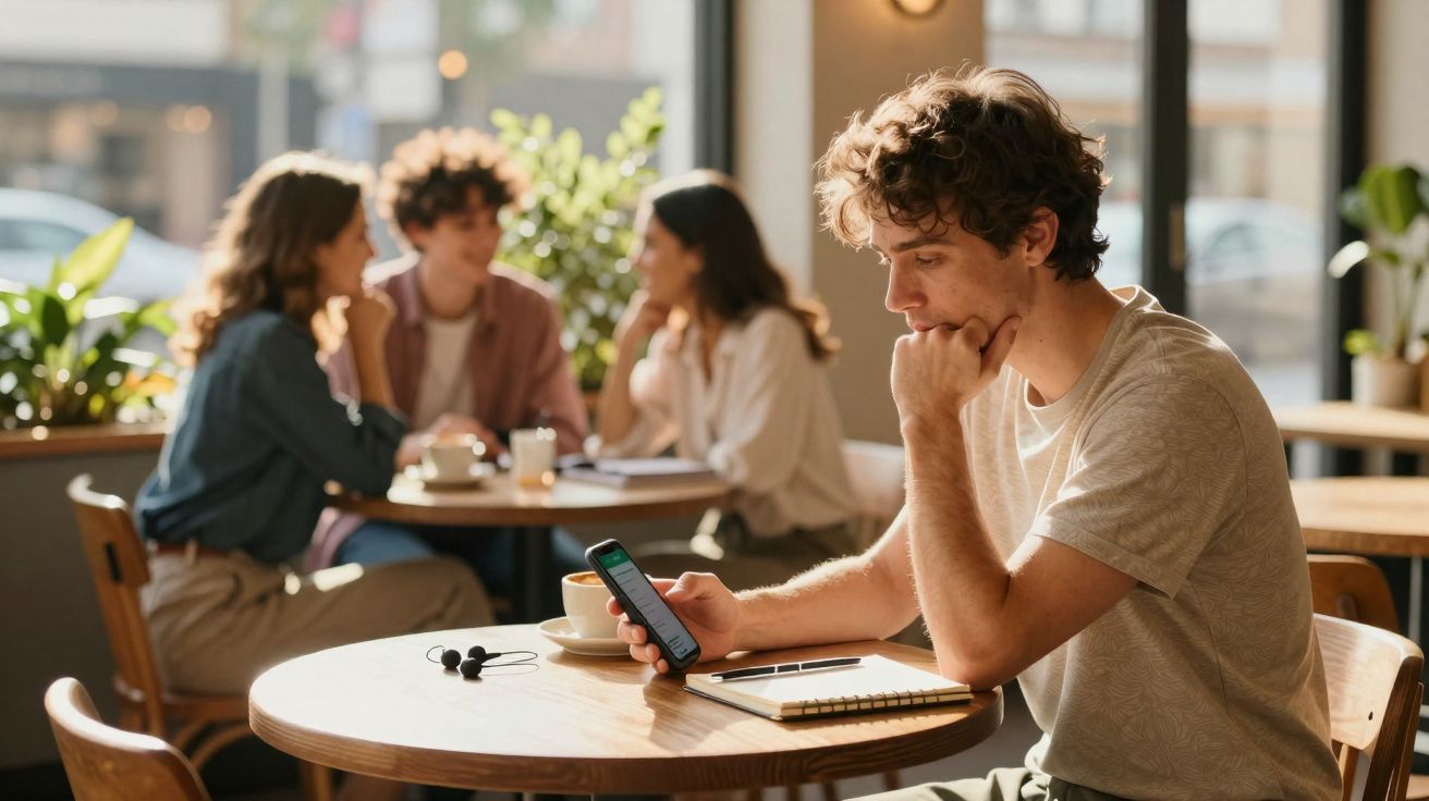 Jovem sentado sozinho numa cafetaria a olhar para o telemóvel, com outras três pessoas ao fundo.