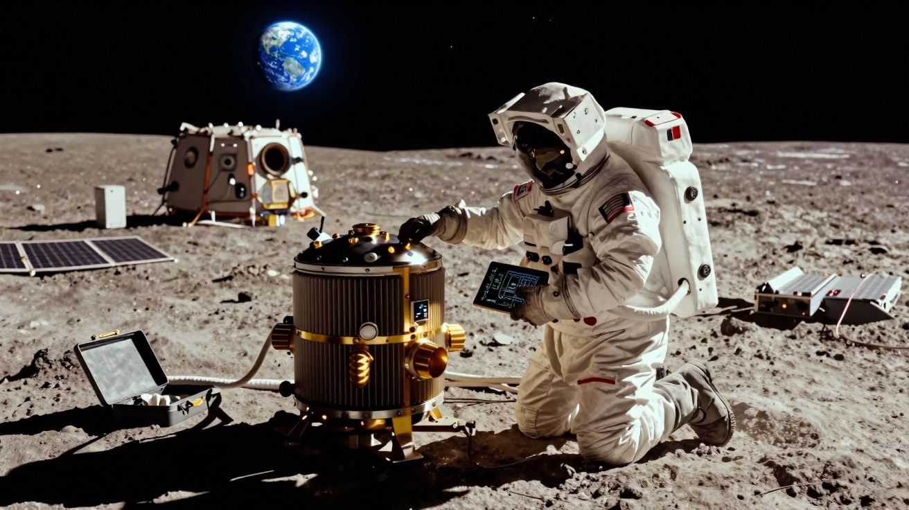 Astronauta em fato espacial a trabalhar com equipamento na superfície lunar com a Terra visível ao fundo.