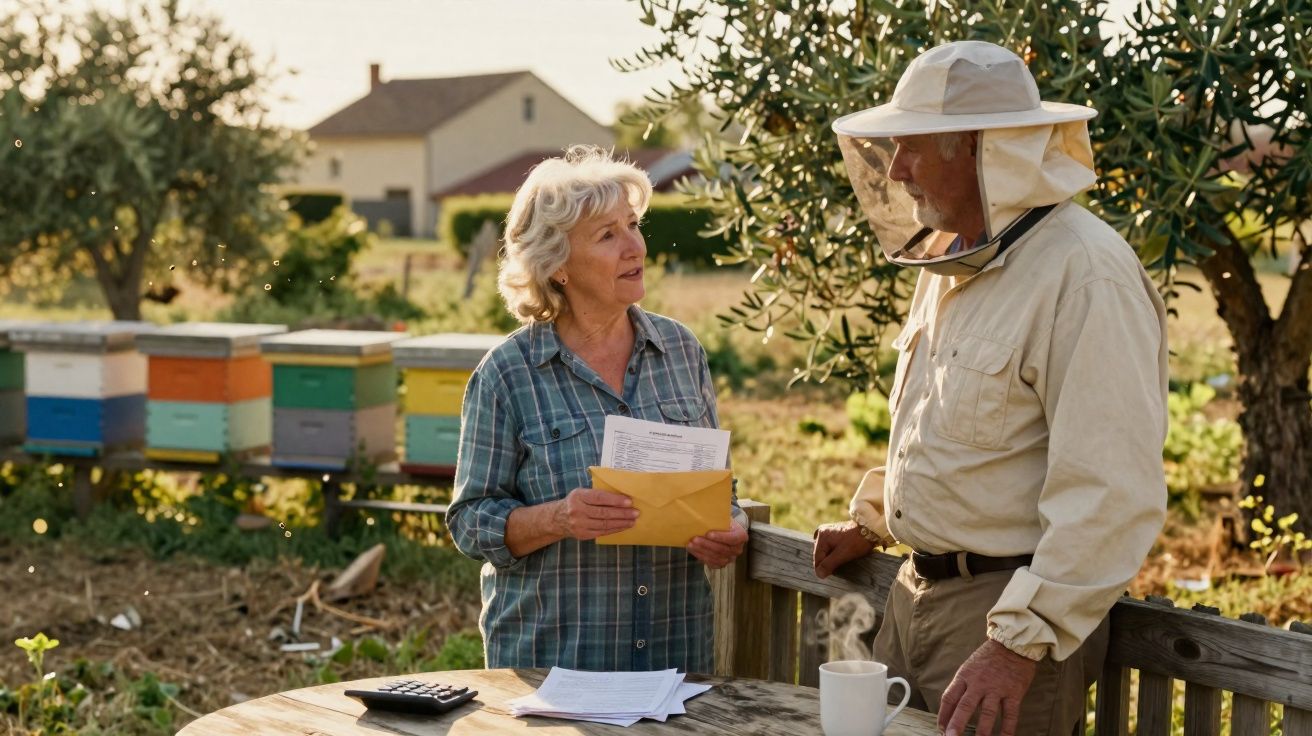 Casal de apicultores conversando junto a colmeias e mesa com documentos e calculadora ao ar livre.