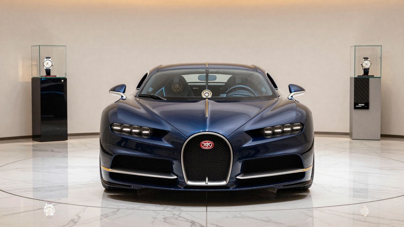 Carro desportivo Bugatti azul escuro visto de frente, exibido numa sala de exposição com chão de mármore.