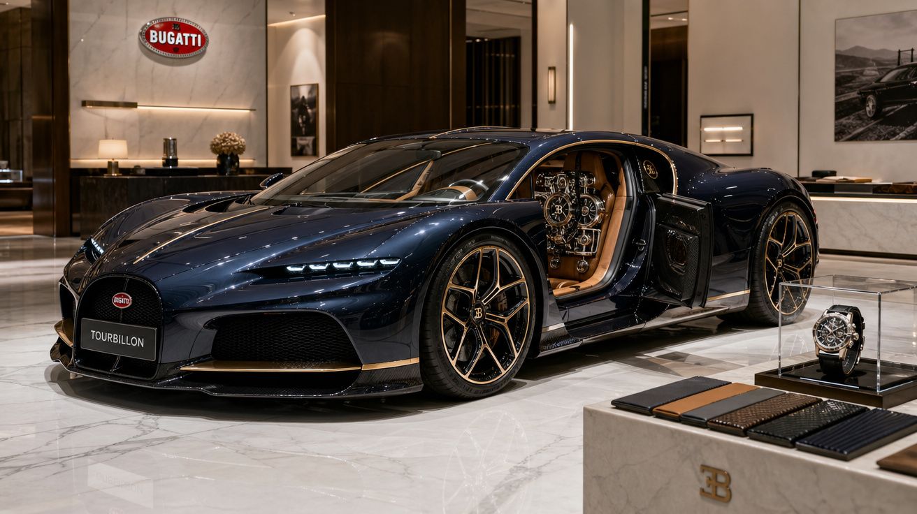 Carro desportivo Bugatti Tourbillon azul escuro com portas abertas, exposto num salão luxuoso.