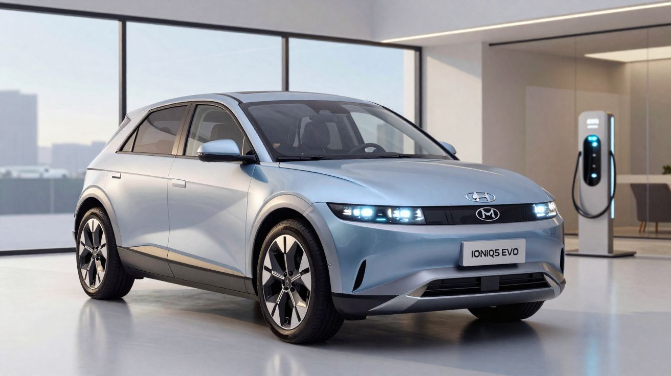 Carro eléctrico azul Hyundai Ioniq 5 EVO estacionado numa garagem moderna com carregador ao fundo.