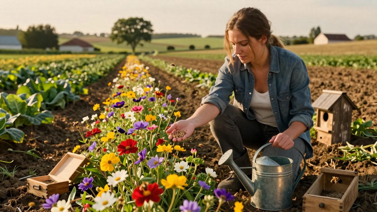 Mulher agachada a cuidar de flores coloridas numa horta, com regador e caixas de sementes ao lado.