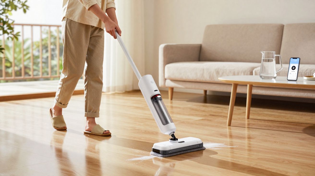 Pessoa a limpar chão de madeira com esfregona elétrica branca num espaço iluminado e moderno.
