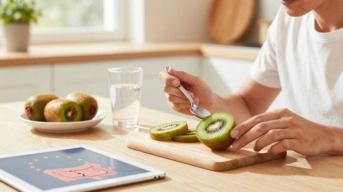 Pessoa a comer kiwi com colher numa cozinha, com tablet, copo de água e prato com kiwis na mesa.