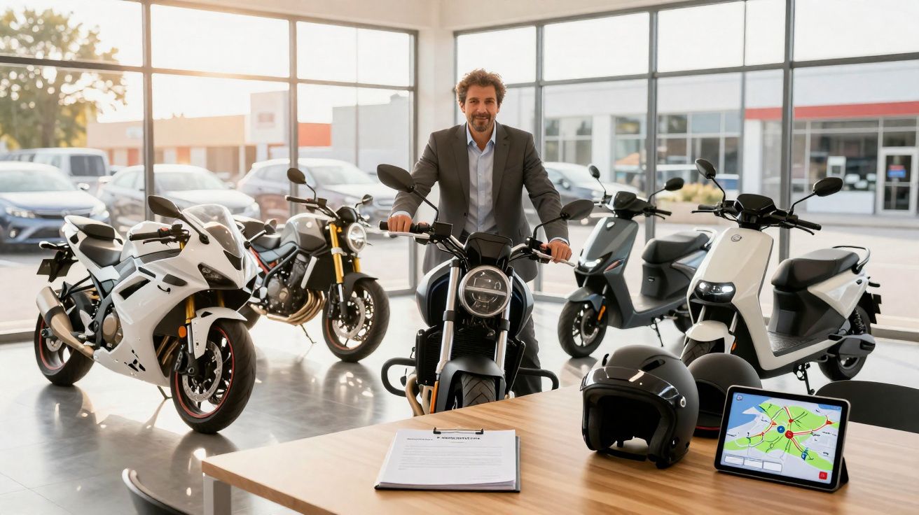 Homem de fato sentado numa mota elétrica numa loja com várias motos e scooters ao redor.