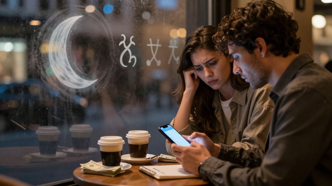 Casal preocupado numa esplanada à noite, olhando para um telemóvel com três cafés na mesa.