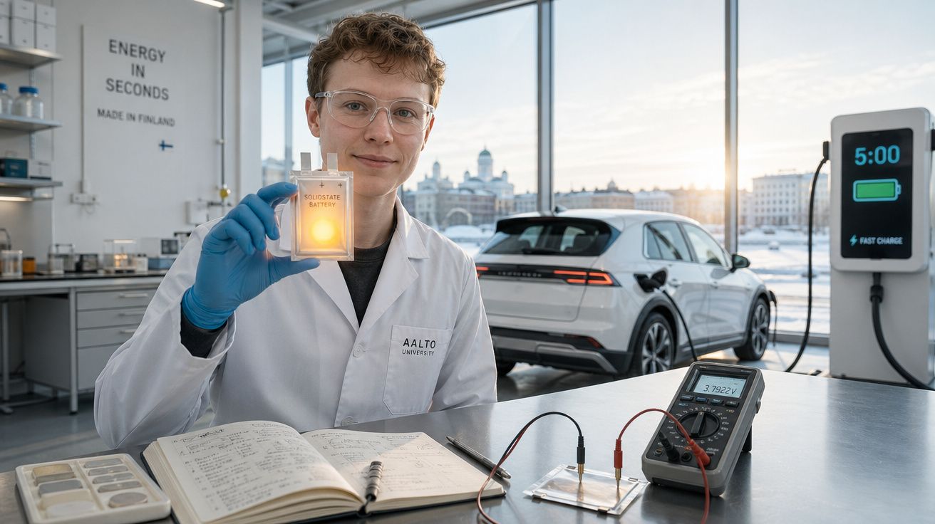 Cientista com bata branca segura bateria de estado sólido num laboratório com carro elétrico ao fundo.