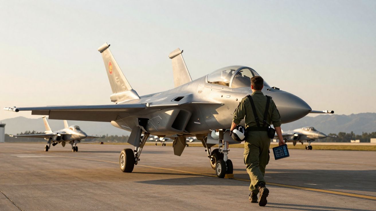 Piloto militar a caminhar na pista em direção a um jato de combate estacionado ao pôr do sol.