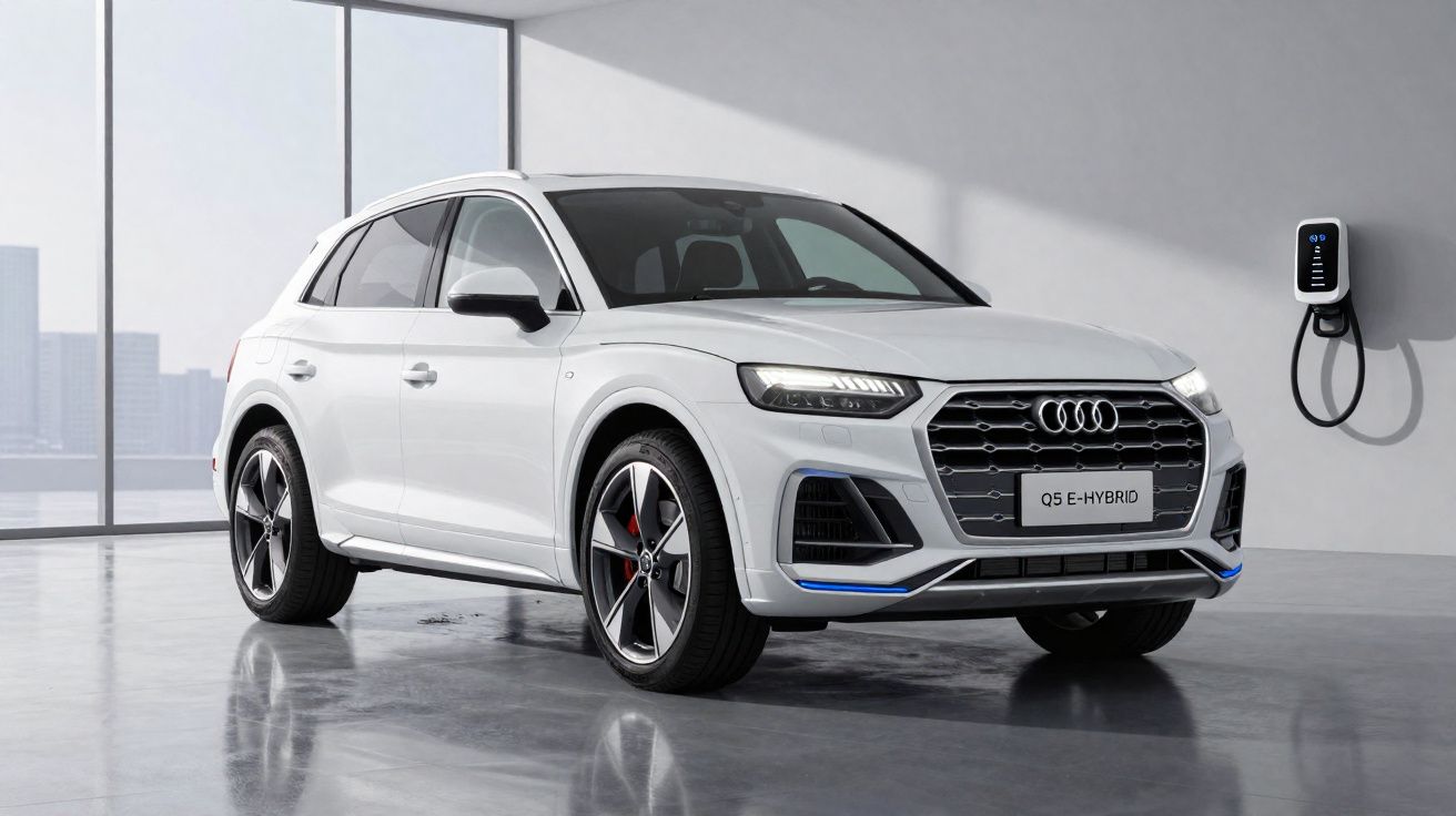 Carro Audi Q5 E-Hybrid branco estacionado em garagem moderna com carregador elétrico na parede.