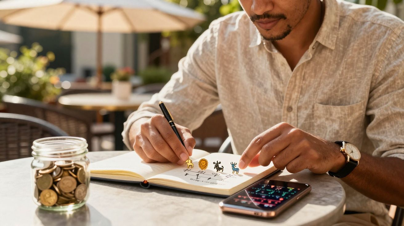 Homem a escrever no caderno com símbolos de investimento, jarro com moedas e telemóvel na mesa de café ao ar livre.