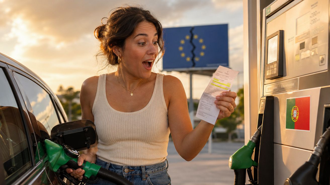 Mulher surpreendida ao olhar para recibo enquanto abastece carro numa bomba de gasolina em Portugal.