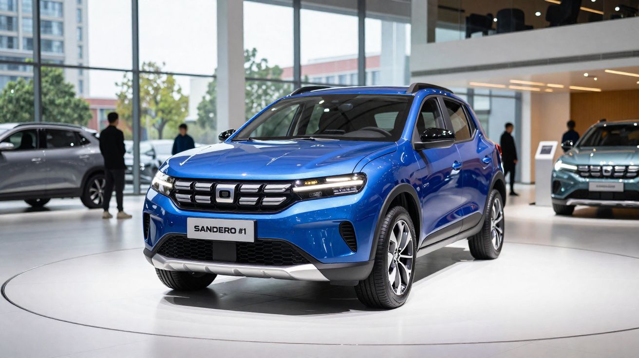Carro SUV azul Renault Sandero #1 exposto em salão moderno com outras viaturas ao fundo.