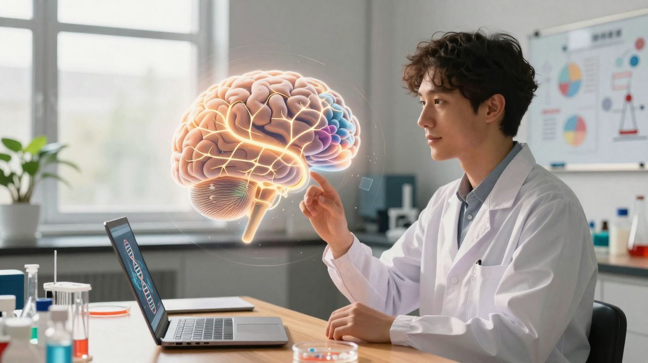 Cientista em bata branca interage com modelo digital holográfico do cérebro humano numa sala de laboratório.