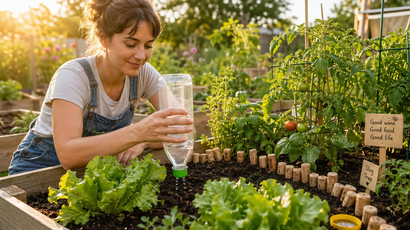 Mulher a regar canteiro com alfaces e plantas, ao pôr do sol num jardim caseiro.
