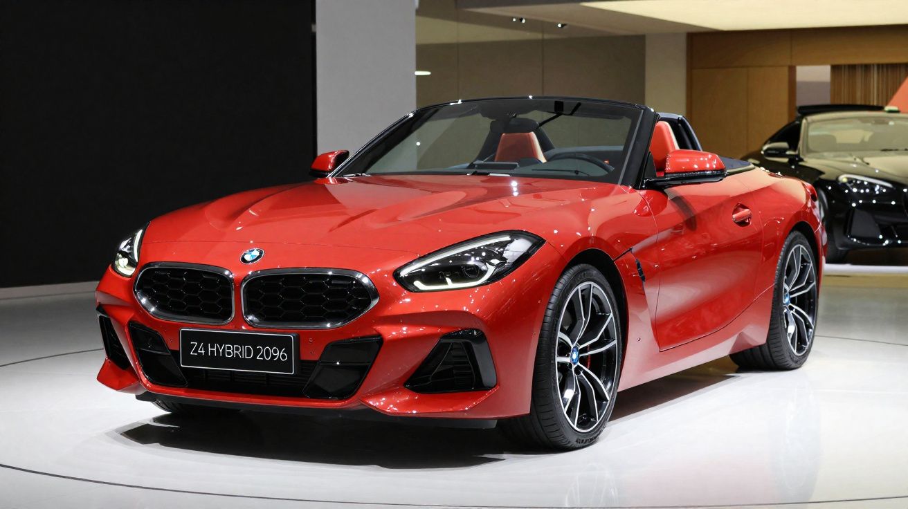 Carro desportivo conversível BMW Z4 Hybrid vermelho exibido em sala de exposição moderna.