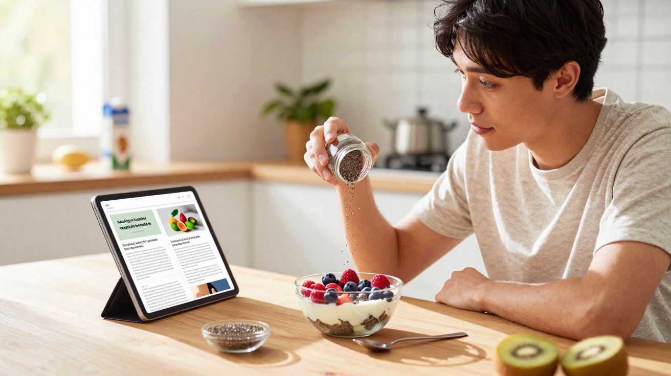 Homem numa cozinha salpica sementes de chia num iogurte com frutos vermelhos, enquanto lê num tablet.