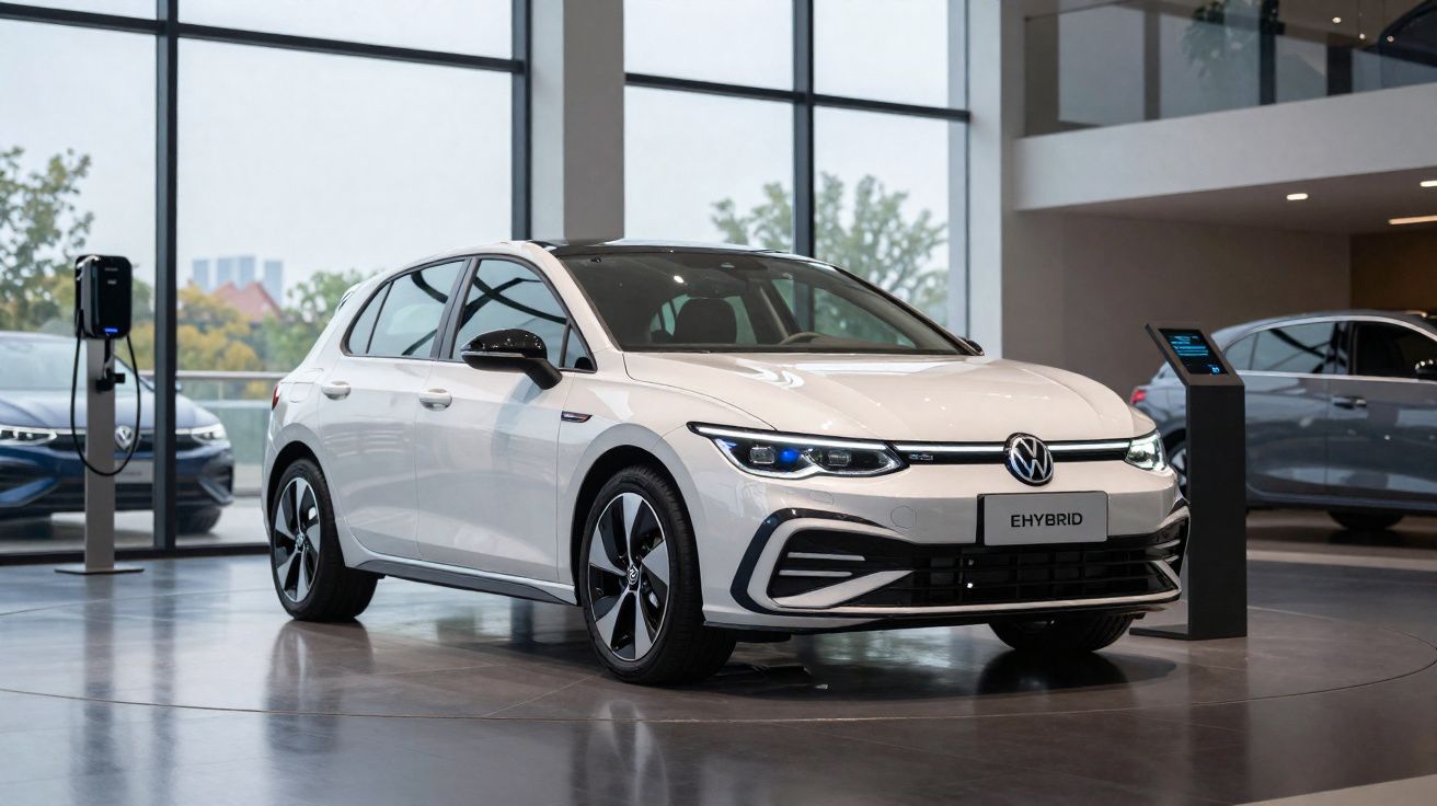 Carro Volkswagen branco híbrido em exposição num salão automóvel moderno.