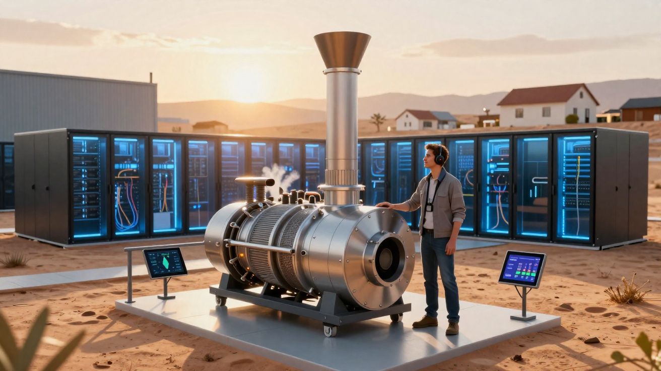 Homem com auscultadores controla máquina futurista em plataforma com servidores digitais ao fundo no deserto ao entardecer.