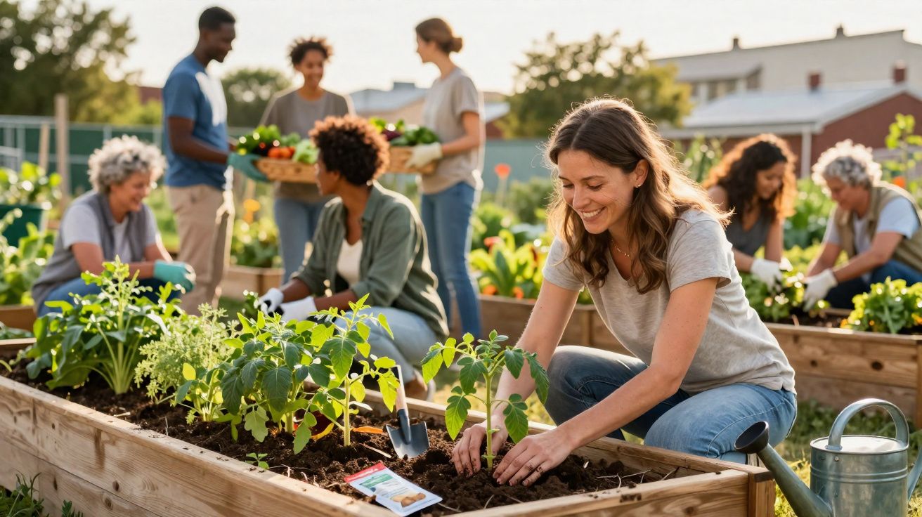Pessoas de várias idades a plantar e cuidar de hortas comunitárias num espaço urbano ao ar livre.