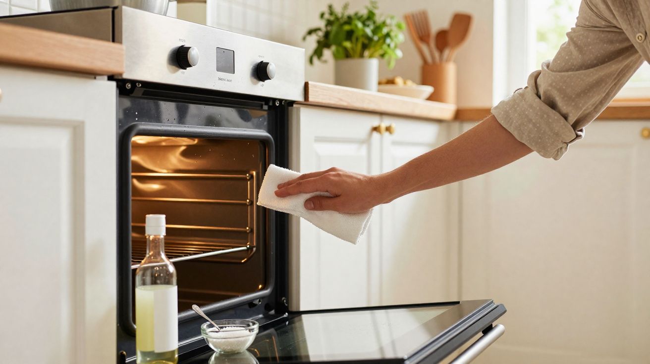 Pessoa a limpar o interior de um forno aberto numa cozinha moderna com um pano branco.