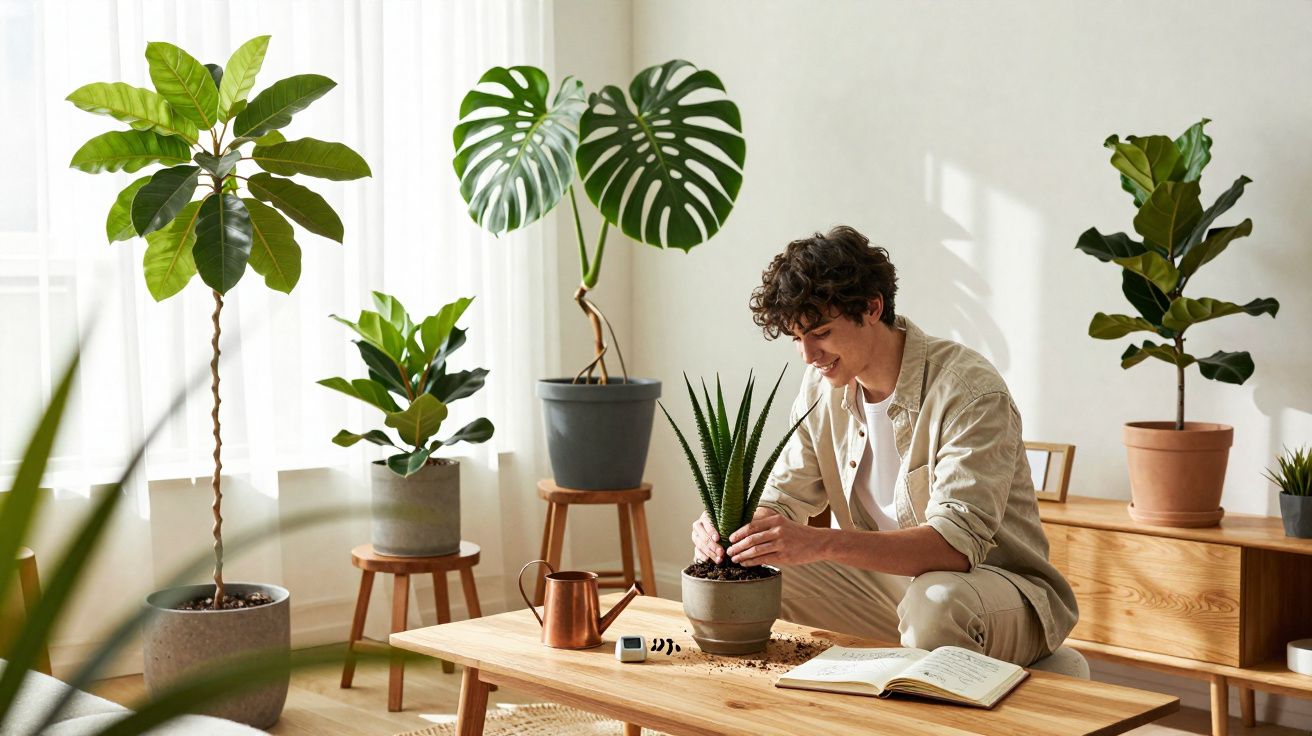 Pessoa a cuidar de planta suculenta numa sala iluminada com várias plantas verdes e móveis de madeira.