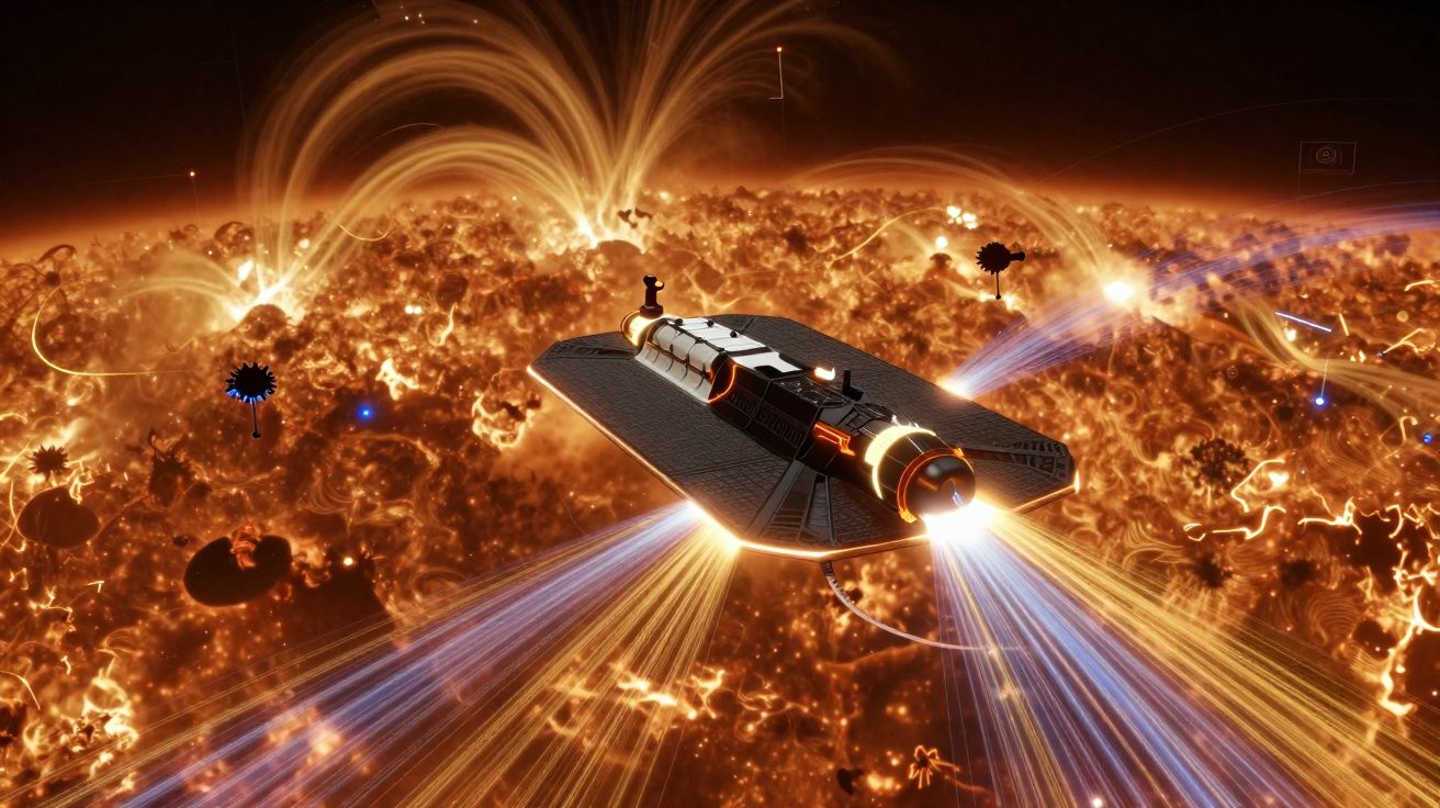 Nave espacial futurista a sobrevoar superfície incandescente e ativa de uma estrela.
