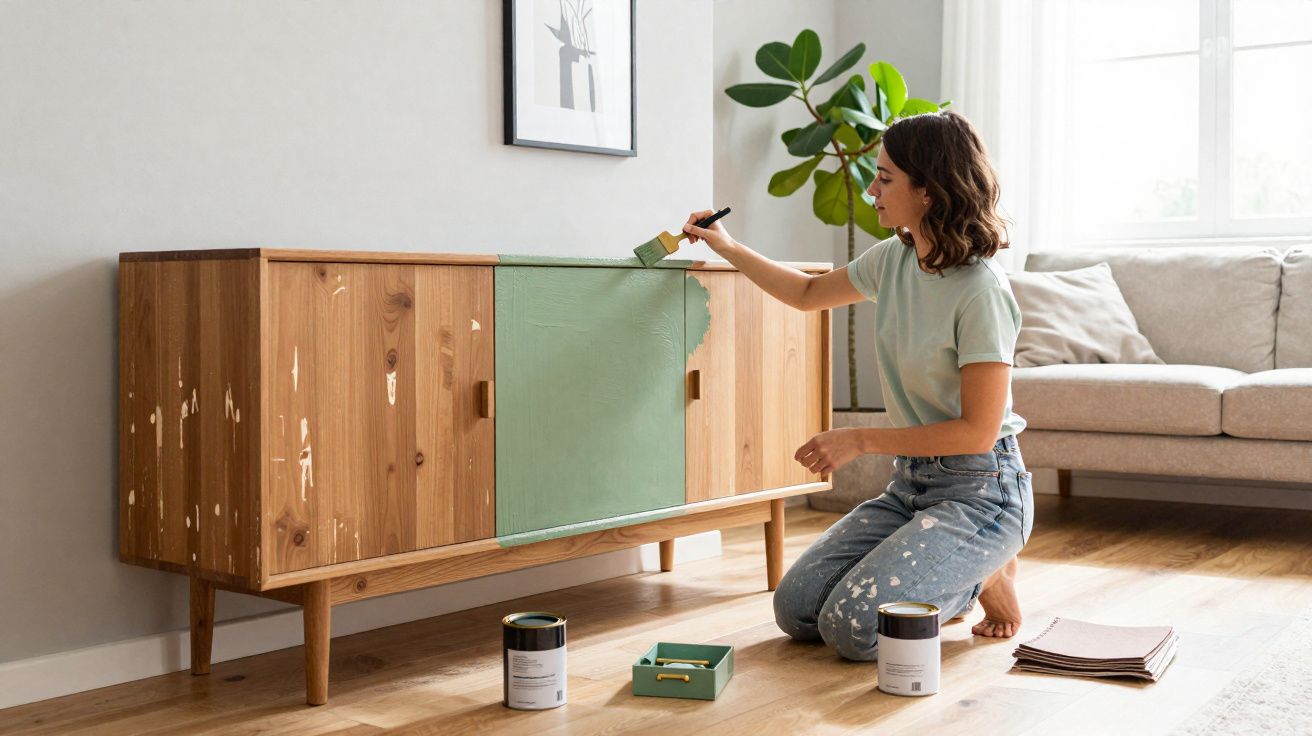 Mulher a pintar móvel madeira com tinta verde em sala luminosa com planta e sofá cinza.