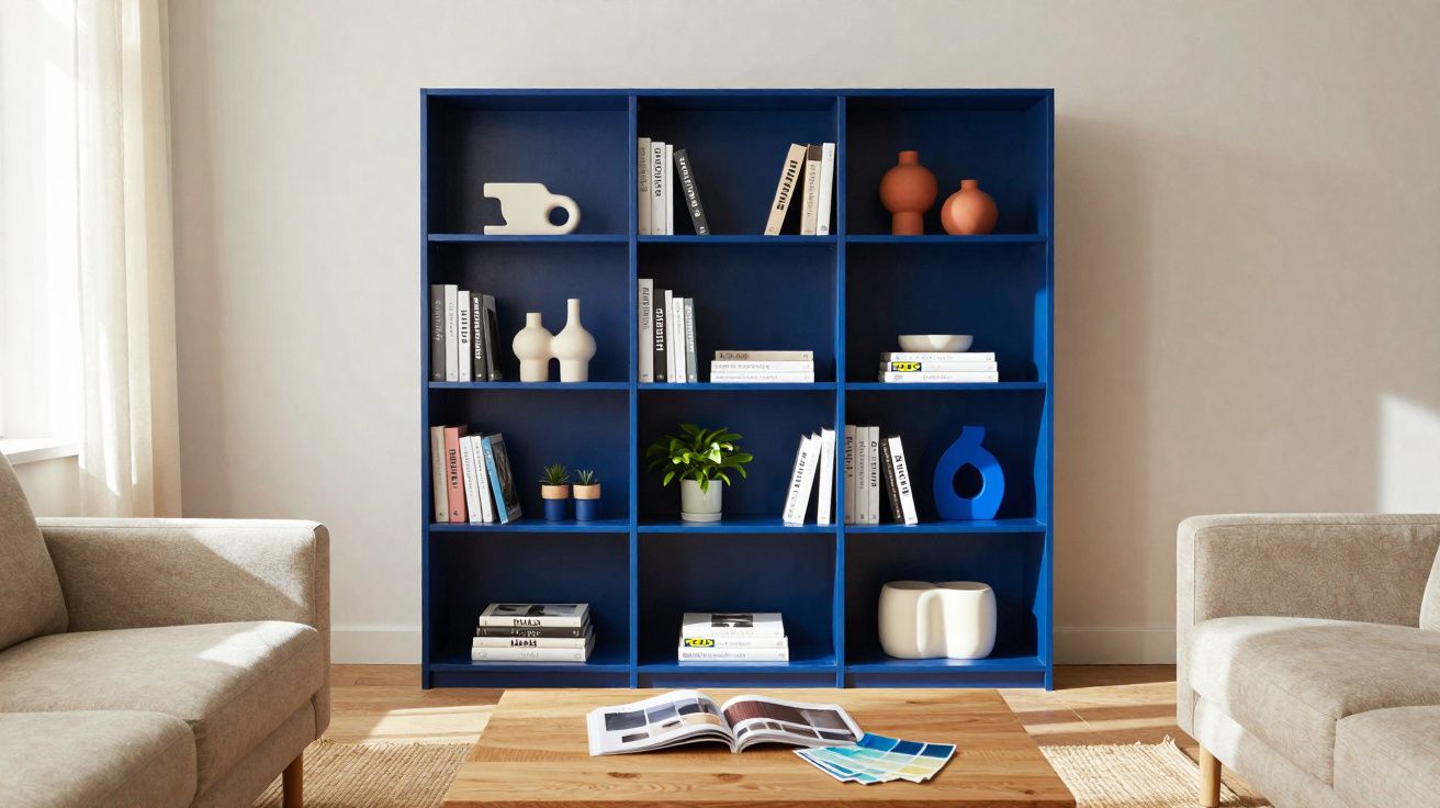 Estante azul com livros, plantas e objetos decorativos entre dois sofás claros numa sala iluminada.