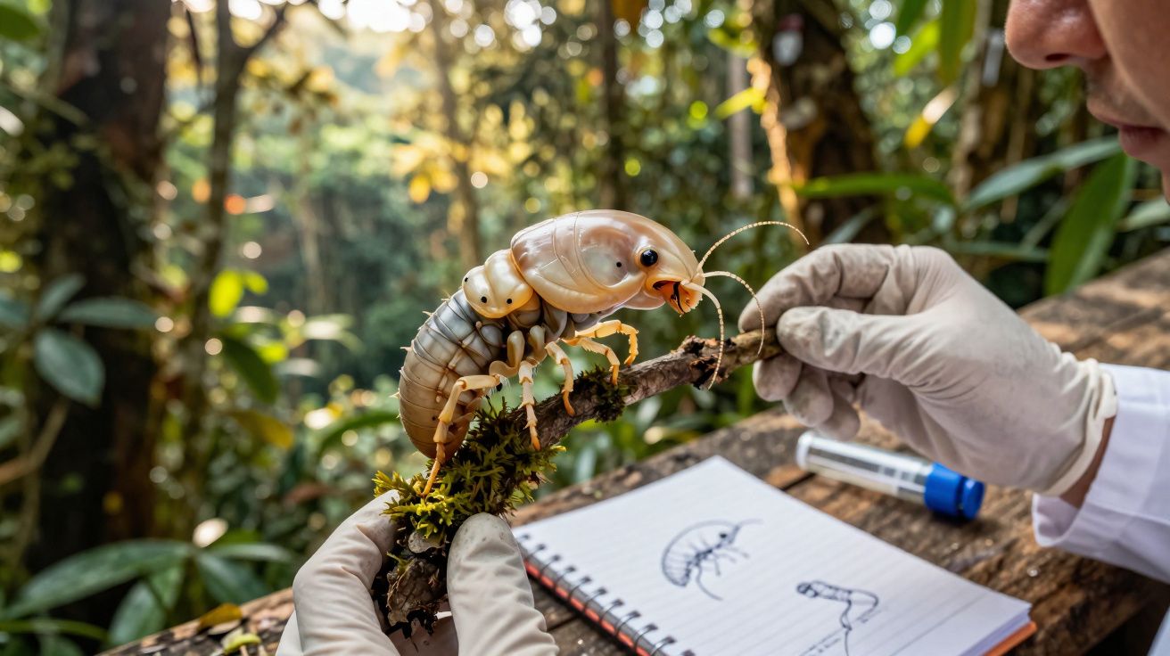 Inseto gigante em ramo segurado por pessoa com luvas, junto a caderno com desenhos de insetos na natureza.