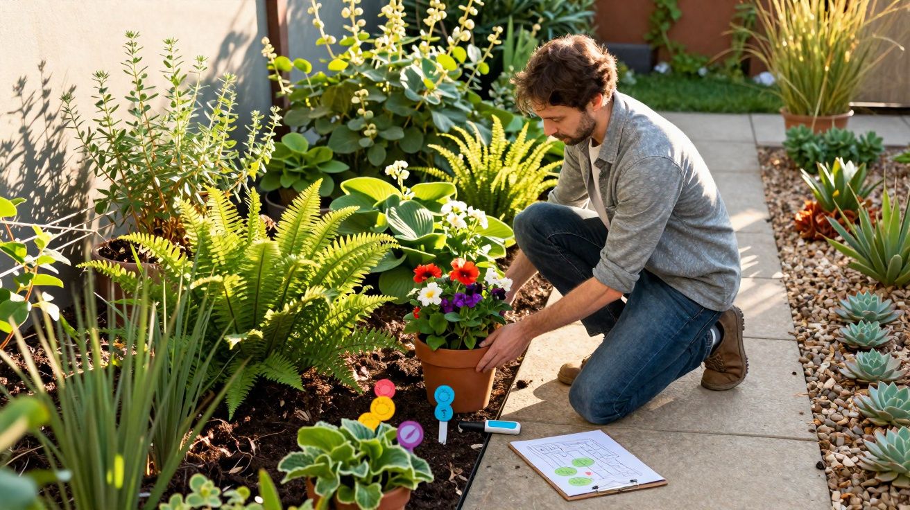 Homem a cuidar de plantas e flores num jardim ensolarado com prancheta e smartphone ao lado.