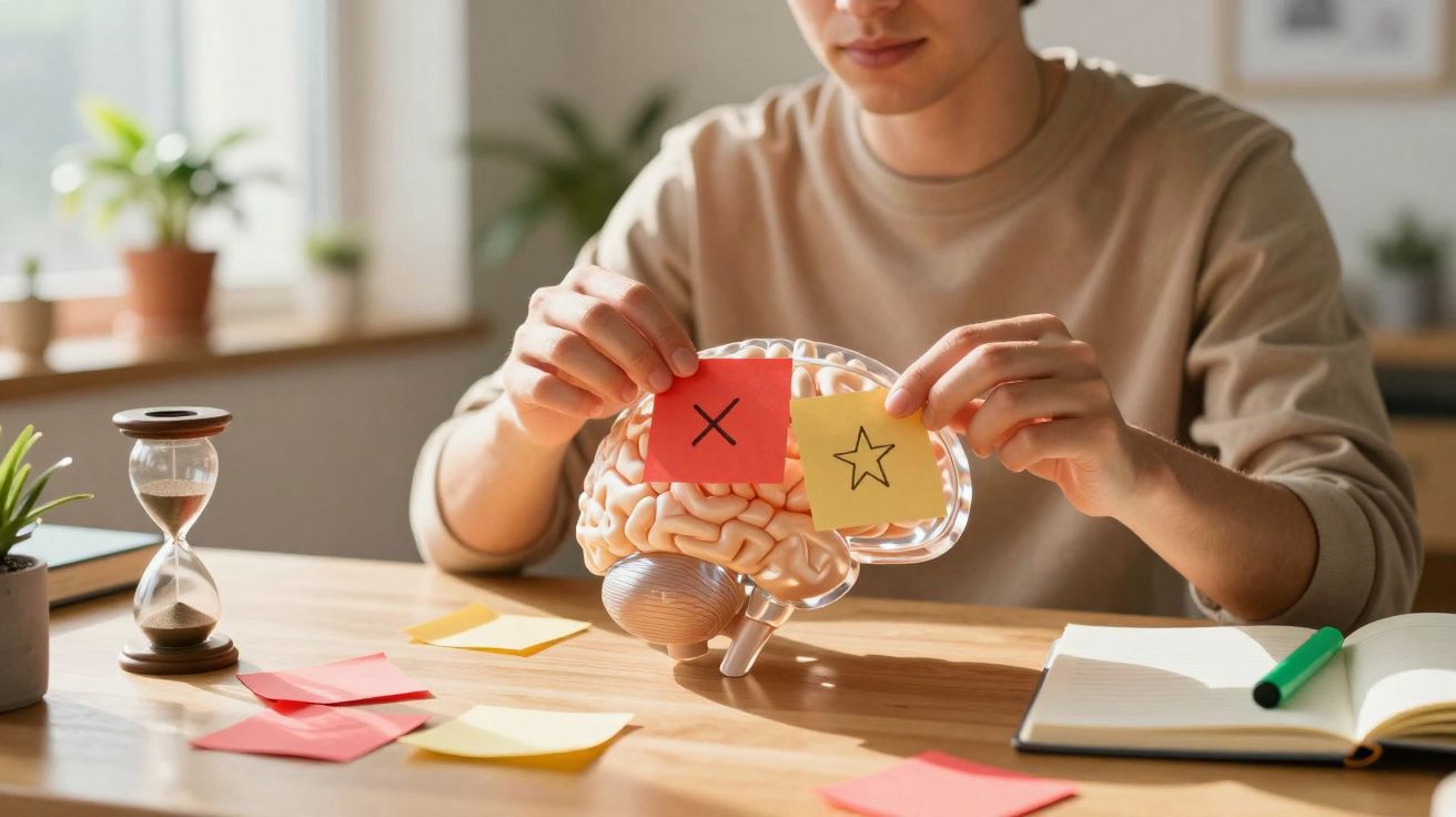 Pessoa a colocar post-its com símbolos num modelo anatómico do cérebro numa mesa de estudos.