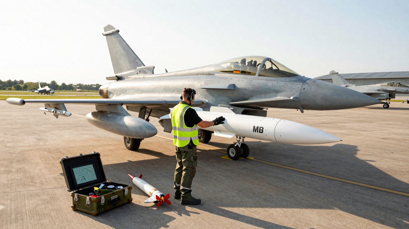 Técnico prepara míssil sob caça militar estacionado em pista de aeroporto.