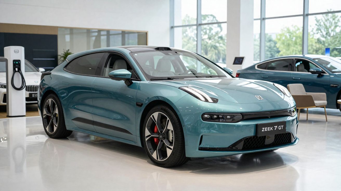 Carro elétrico azul Zeekr 7 GT numa sala de exposição brilhante com janelas grandes.