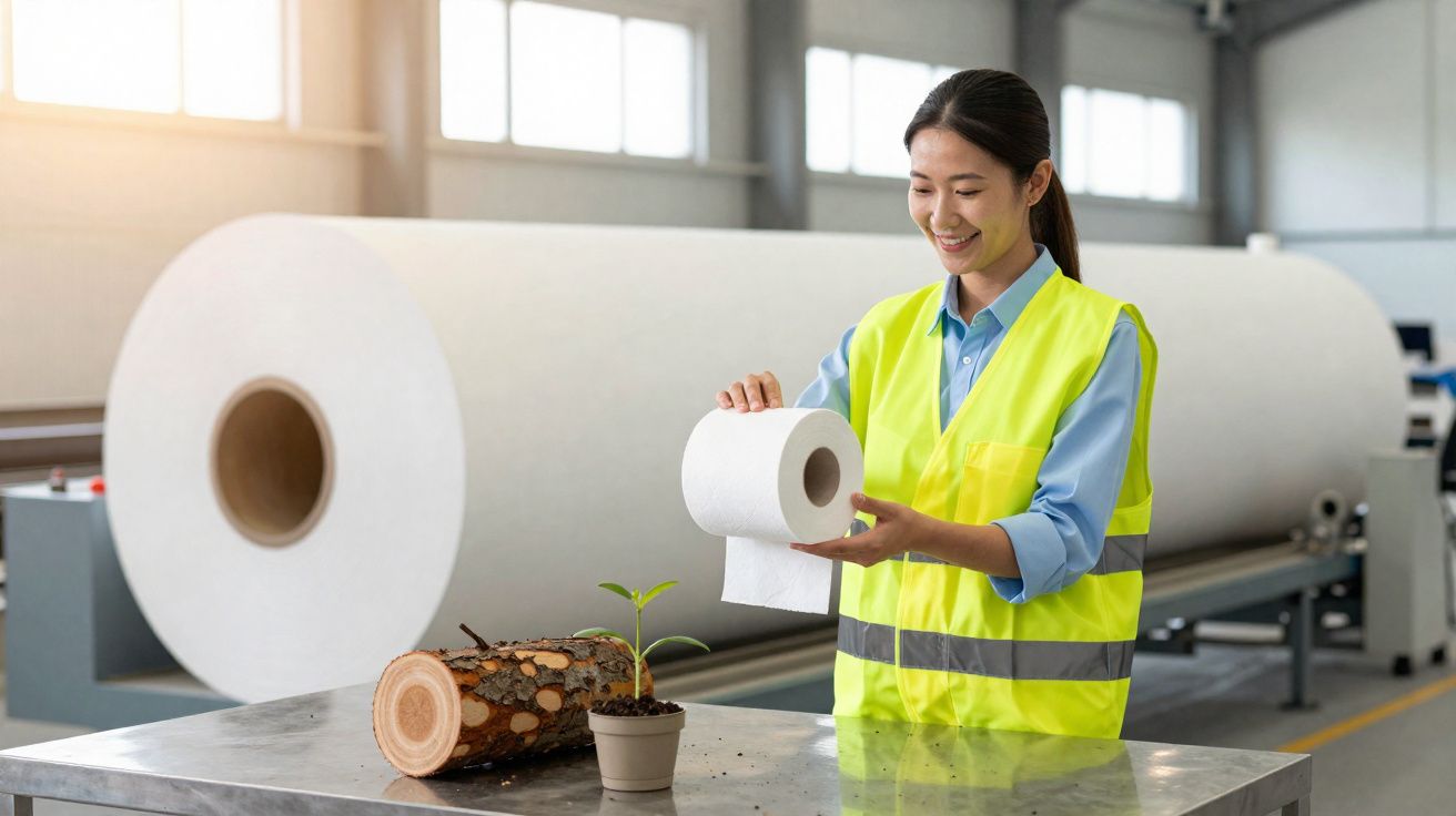 Mulher com colete de segurança a segurar um rolo de papel, com tronco de árvore e planta em mesa na fábrica.