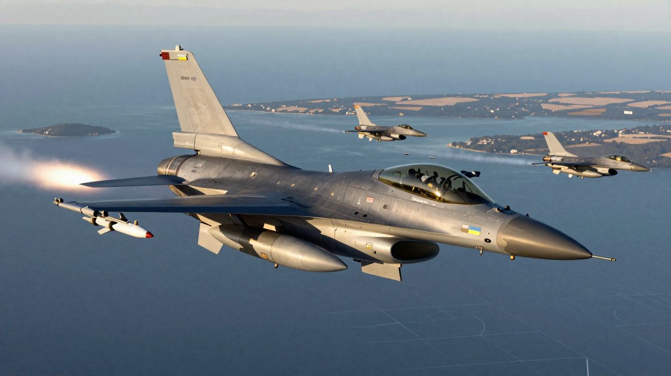 Aviões militares F-16 a sobrevoar o mar, um lança míssil em voo com outras duas aeronaves ao fundo.
