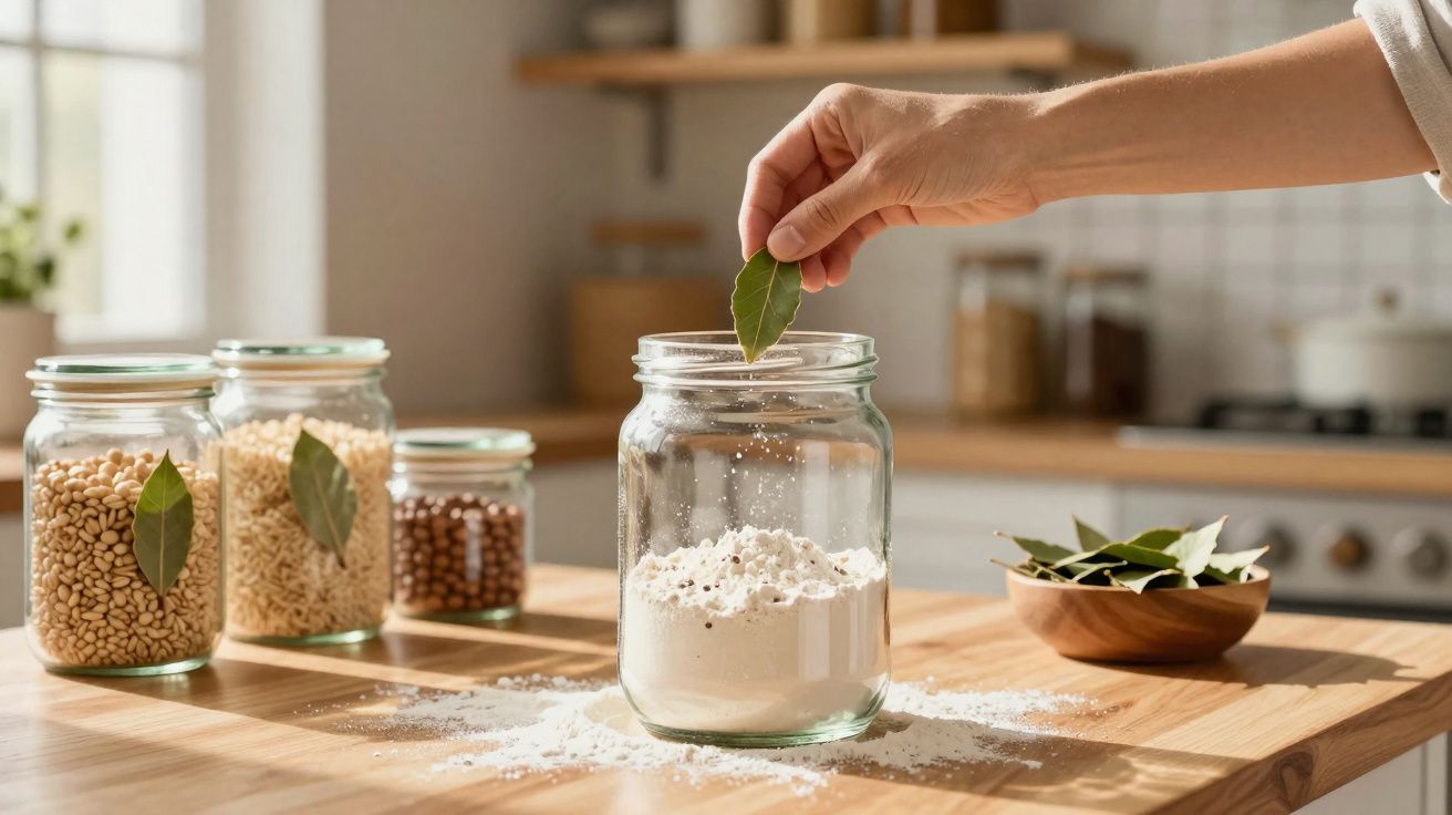Mão a colocar folha de louro em frasco com farinha, com outros frascos e tigela com folhas na mesa da cozinha.