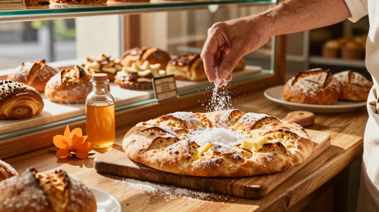 Pessoa polvilhando açúcar em pão doce grande sobre tábua numa mesa de madeira numa pastelaria.
