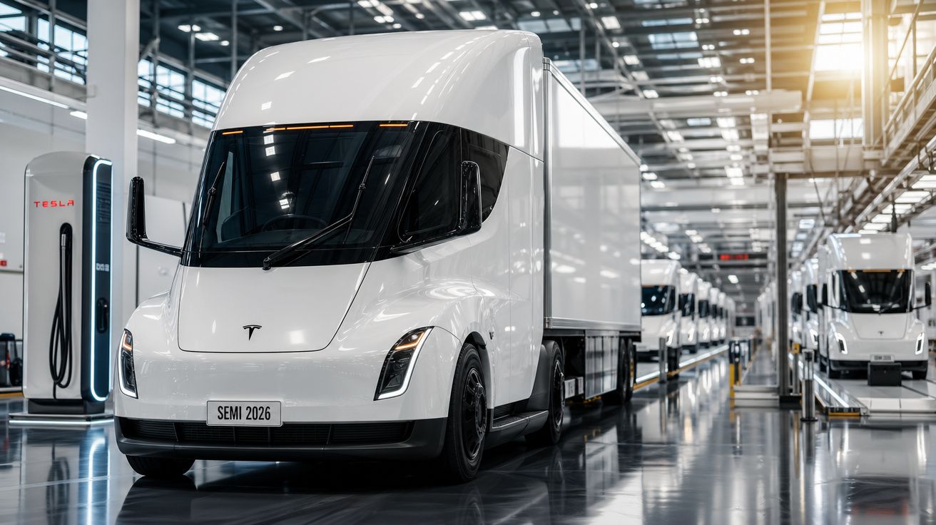 Camião elétrico Tesla branco estacionado numa fábrica moderna com várias unidades alinhadas.
