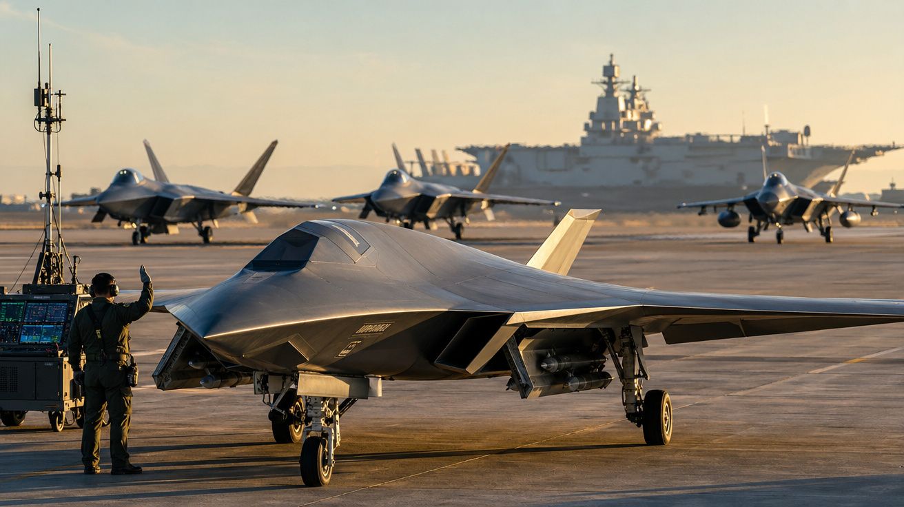 Aviões militares numa pista, com operador a sinalizar e porta-aviões ao fundo ao pôr do sol.