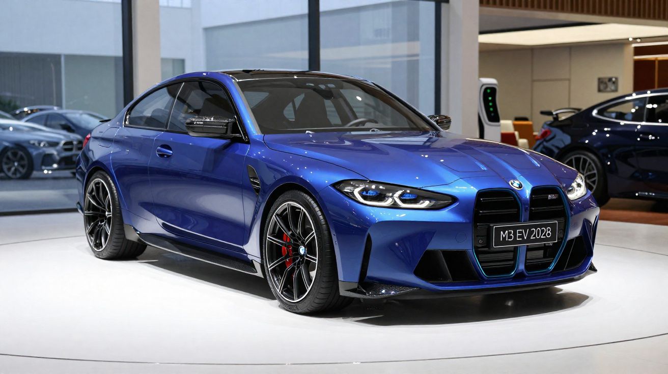 Carro desportivo azul BMW M3 EV 2028 exibido em showroom moderno e iluminado.