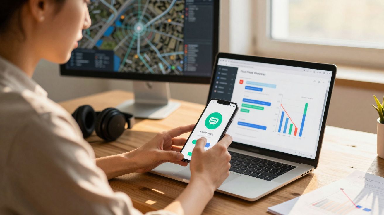 Pessoa a usar telemóvel com aplicação de mensagens e computador portátil com gráficos e dados numa secretária.