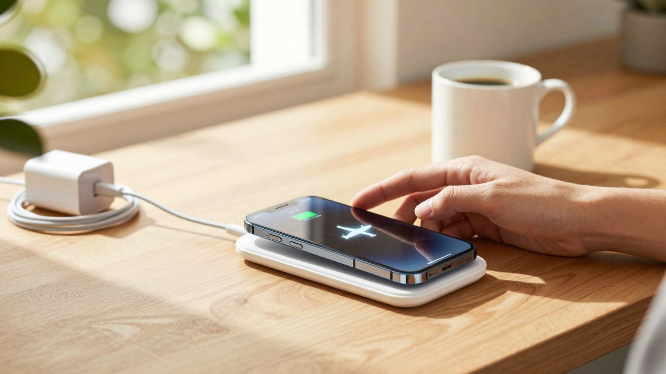Telefone a carregar sem fios numa base branca sobre mesa de madeira, com uma chávena de café ao fundo.