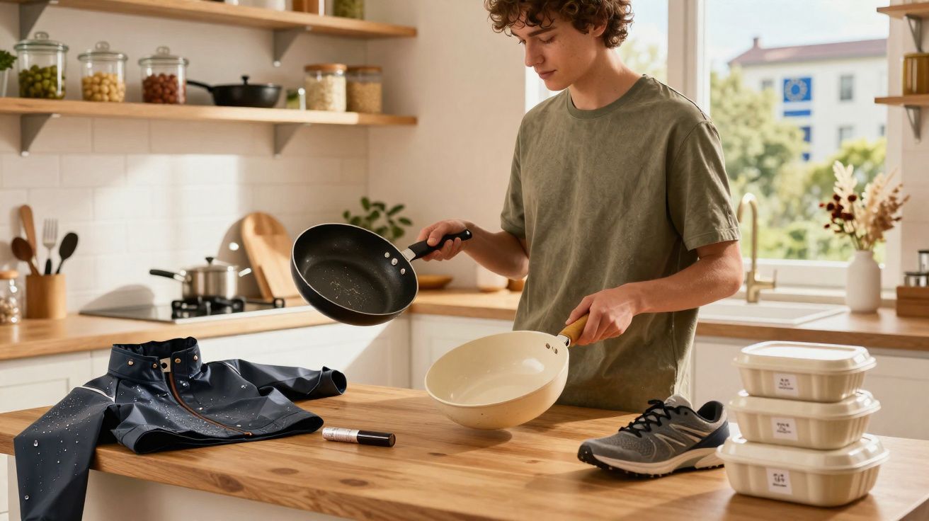 Jovem na cozinha a comparar duas frigideiras sobre uma bancada com casaco, ténis e embalagens ao lado.