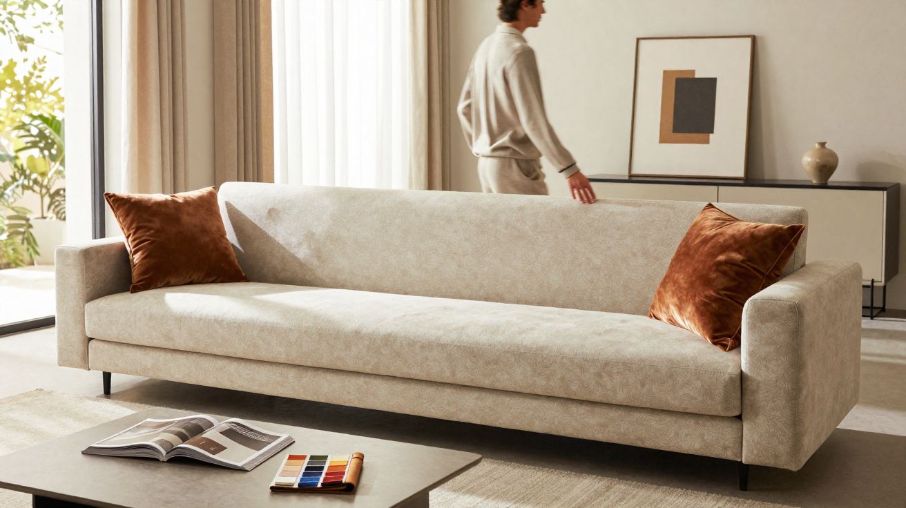 Sofá bege com duas almofadas castanhas numa sala moderna, com mesa de centro e pessoa ao fundo.