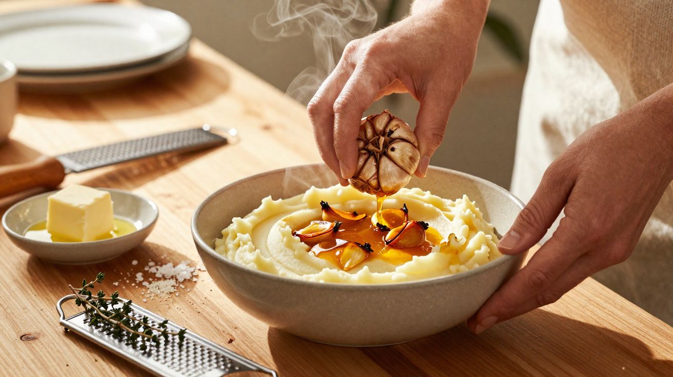 Mãos a espremer alho assado quente sobre puré de batata com molho num prato cinza numa mesa de madeira.