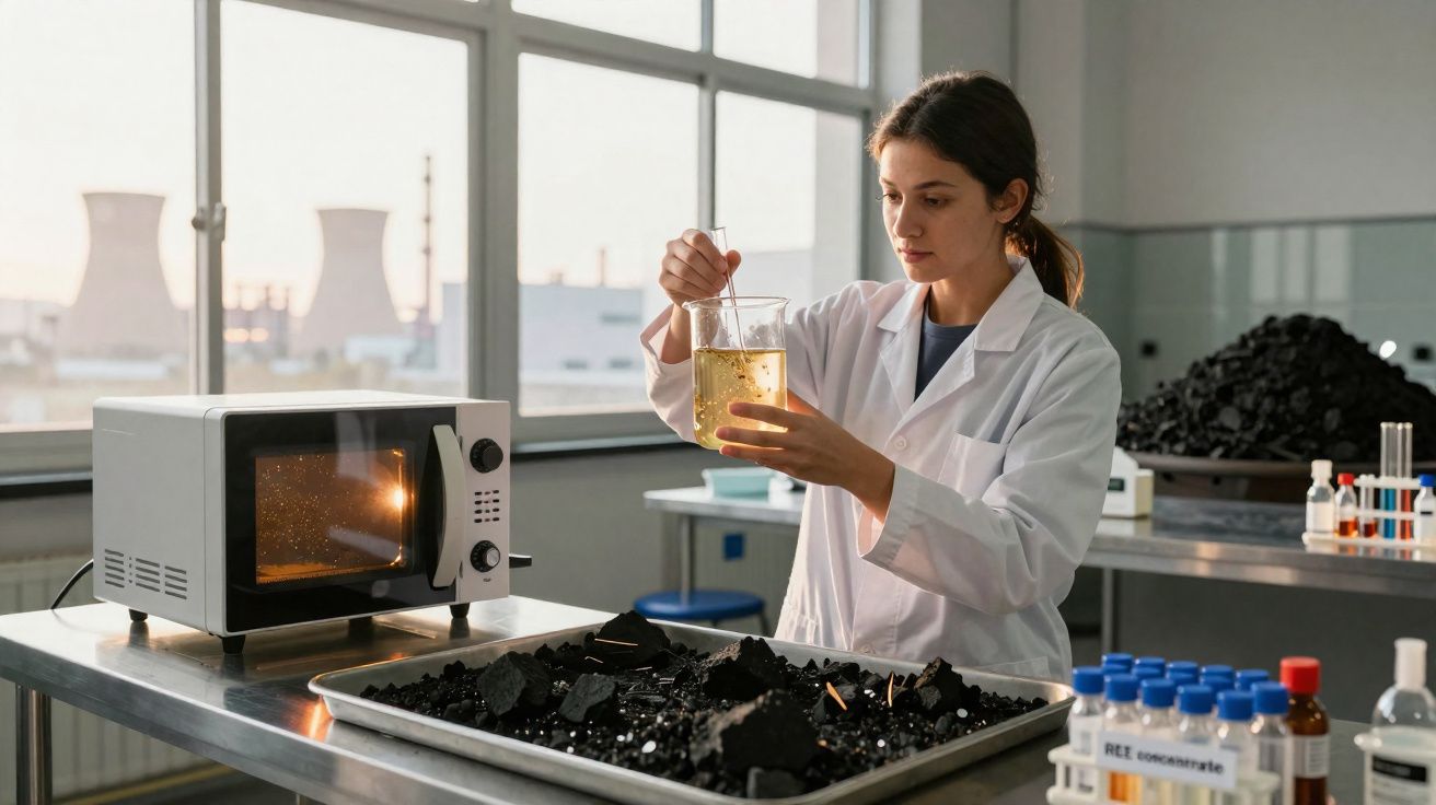 Mulher de bata branca analisa líquido amarelo em béquer num laboratório com equipamentos e carvão.